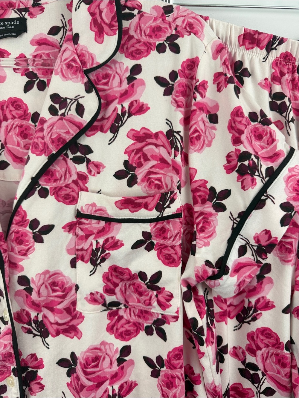Kate Spade Pink Rose Floral Pajama Set Black Trim XL - Picture 5 of 11